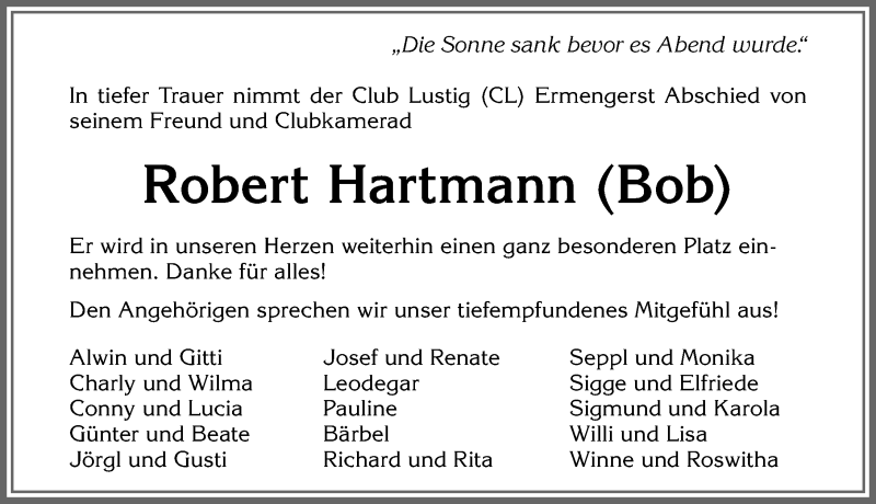  Traueranzeige für Robert Hartmann vom 05.05.2021 aus Allgäuer Zeitung,Kempten