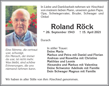 Traueranzeige von Roland Röck von Allgäuer Zeitung,Kempten