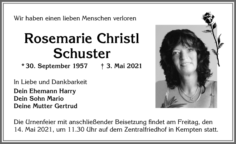  Traueranzeige für Rosemarie Christl Schuster vom 08.05.2021 aus Allgäuer Zeitung,Kempten