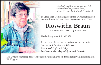 Traueranzeige von Roswitha Braun von Der Westallgäuer