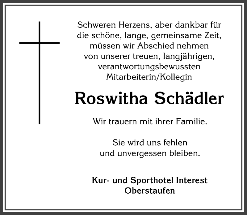 Traueranzeige für Roswitha Schädler vom 10.05.2021 aus Allgäuer Anzeigeblatt