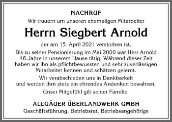 Traueranzeige von Siegbert Arnold von Allgäuer Zeitung,Kempten