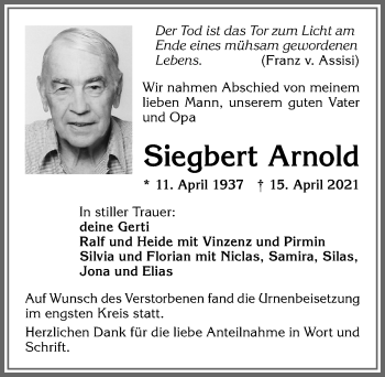 Traueranzeige von Siegbert Arnold von Allgäuer Zeitung,Kempten