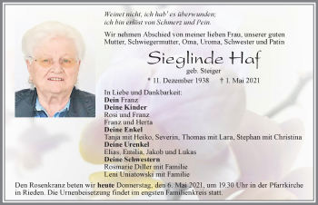 Traueranzeige von Sieglinde Haf von Allgäuer Zeitung, Füssen