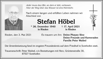 Traueranzeige von Stefan Höbel von Allgäuer Anzeigeblatt