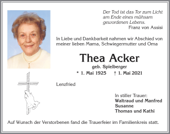 Traueranzeige von Thea Acker von Allgäuer Zeitung,Kempten