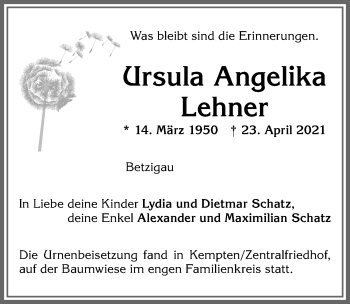 Traueranzeige von Ursula Angelika Lehner von Allgäuer Zeitung,Kempten