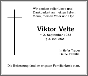 Traueranzeige von Viktor Velte von Allgäuer Anzeigeblatt