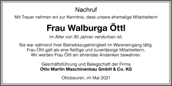 Traueranzeige von Walburga Öttl von Memminger Zeitung