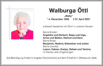 Traueranzeige von Walburga Öttl von Memminger Zeitung