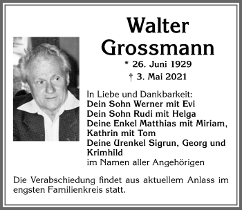 Traueranzeige von Walter Grossmann von Allgäuer Zeitung, Kaufbeuren/Buchloe