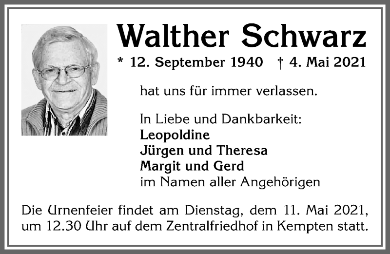  Traueranzeige für Walther Schwarz vom 08.05.2021 aus Allgäuer Zeitung,Kempten