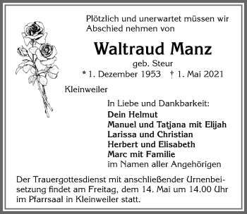 Traueranzeige von Waltraud Manz von Allgäuer Zeitung,Kempten