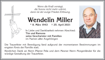Traueranzeige von Wendelin Miller von Allgäuer Zeitung, Kaufbeuren/Buchloe