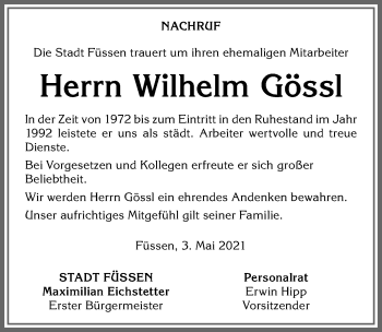 Traueranzeige von Wilhelm Gössl von Allgäuer Zeitung, Füssen