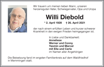 Traueranzeige von Willi Diebold von Memminger Zeitung