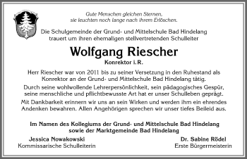 Traueranzeige von Wolfgang Riescher von Allgäuer Anzeigeblatt
