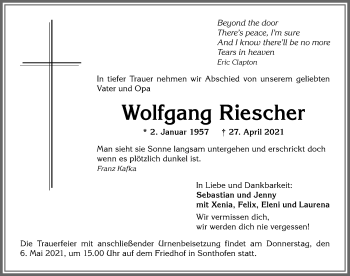 Traueranzeige von Wolfgang Riescher von Allgäuer Anzeigeblatt