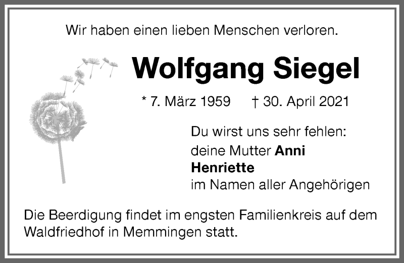  Traueranzeige für Wolfgang Siegel vom 05.05.2021 aus Memminger Zeitung