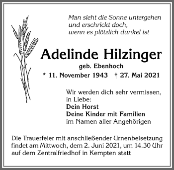 Traueranzeige von Adelinde Hilzinger von Allgäuer Zeitung,Kempten