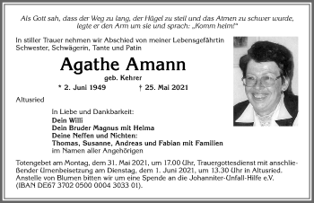 Traueranzeige von Agathe Amann von Allgäuer Zeitung,Kempten