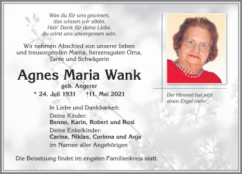 Traueranzeige von Agnes Maria Wank von Memminger Zeitung