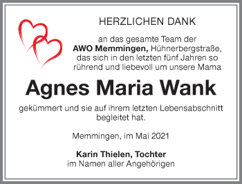 Traueranzeige von Agnes Maria Wank von Memminger Zeitung