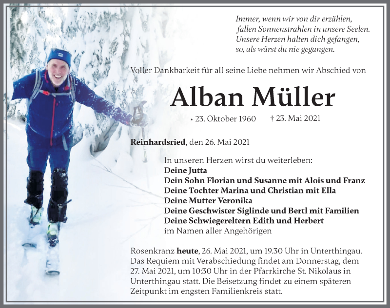  Traueranzeige für Alban Müller vom 26.05.2021 aus Allgäuer Zeitung, Marktoberdorf