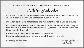Traueranzeige von Albin Jakele von Allgäuer Zeitung, Marktoberdorf