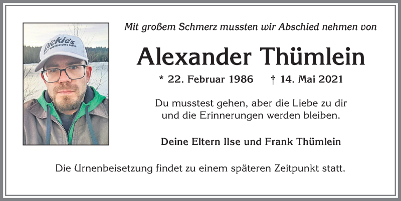  Traueranzeige für Alexander Thümlein vom 21.05.2021 aus Allgäuer Zeitung,Kempten