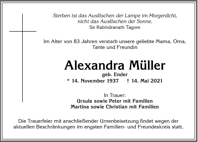  Traueranzeige für Alexandra Müller vom 17.05.2021 aus Allgäuer Zeitung,Kempten