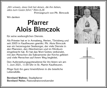 Traueranzeige von Alois Bimczok von Allgäuer Zeitung, Kaufbeuren/Buchloe