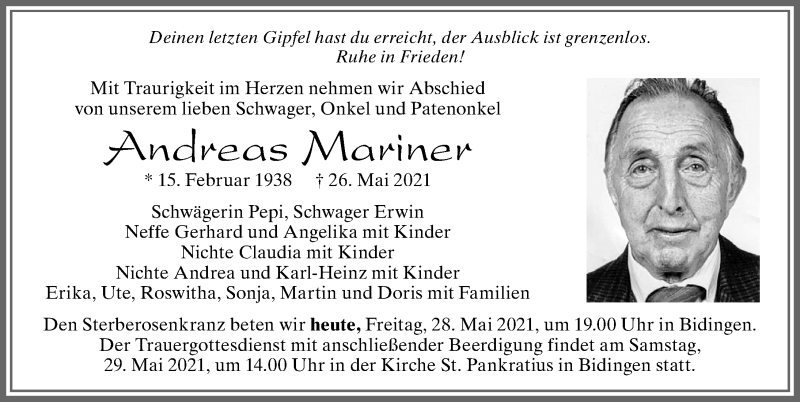  Traueranzeige für Andreas Mariner vom 28.05.2021 aus Allgäuer Zeitung, Marktoberdorf
