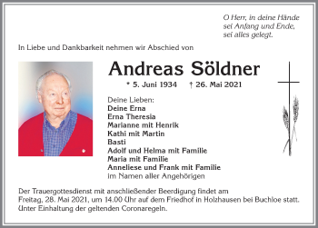 Traueranzeige von Andreas Söldner von Allgäuer Zeitung, Kaufbeuren/Buchloe