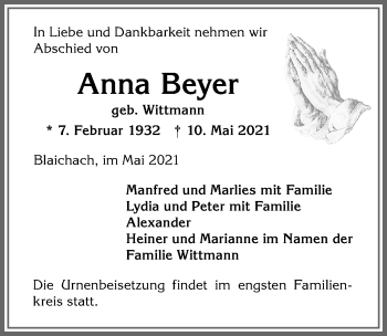 Traueranzeige von Anna Beyer von Allgäuer Anzeigeblatt