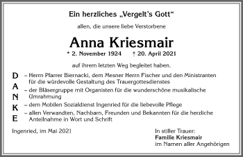 Traueranzeige von Anna Kriesmair von Allgäuer Zeitung, Marktoberdorf