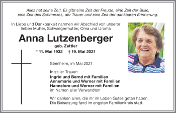 Traueranzeige von Anna Lutzenberger von Memminger Zeitung
