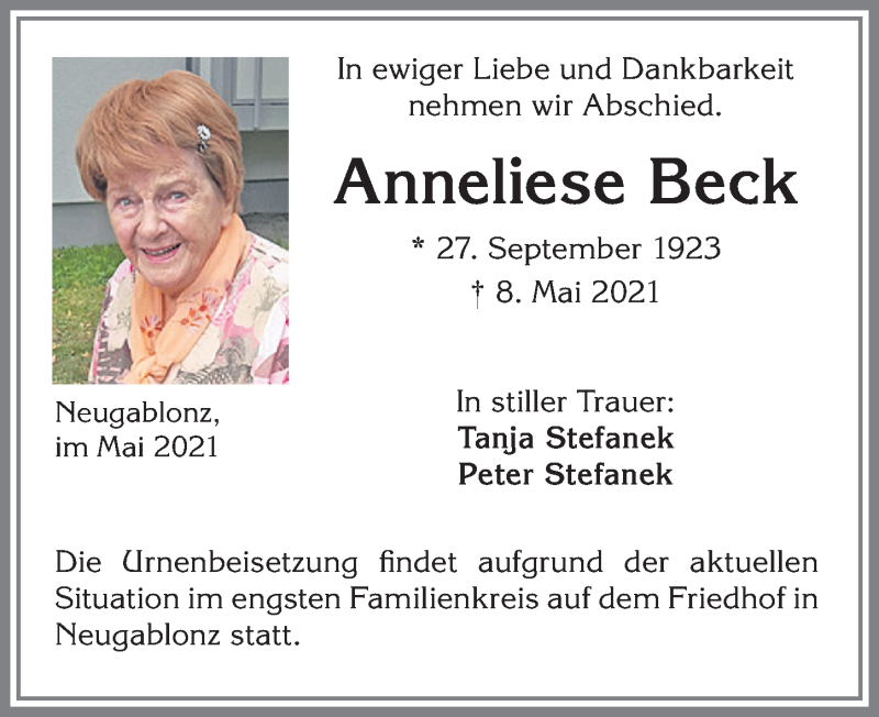 Traueranzeigen von Anneliese Beck | Allgäuer Zeitung