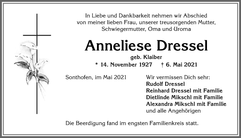  Traueranzeige für Anneliese Dressel vom 14.05.2021 aus Allgäuer Anzeigeblatt