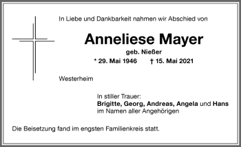 Traueranzeige von Anneliese Mayer von Memminger Zeitung