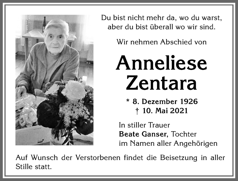  Traueranzeige für Anneliese Zentara vom 18.05.2021 aus Allgäuer Zeitung,Kempten