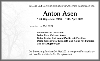 Traueranzeige von Anton Asen von Allgäuer Zeitung,Kempten