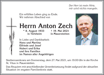 Traueranzeige von Anton Zech von Allgäuer Zeitung, Kaufbeuren/Buchloe