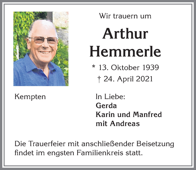 Traueranzeige für Arthur Hemmerle vom 11.05.2021 aus Allgäuer Zeitung,Kempten