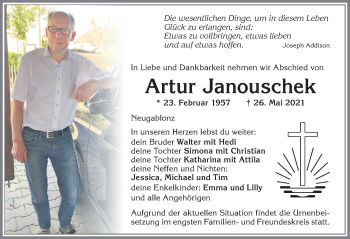 Traueranzeige von Artur Janouschek von Allgäuer Zeitung, Kaufbeuren/Buchloe