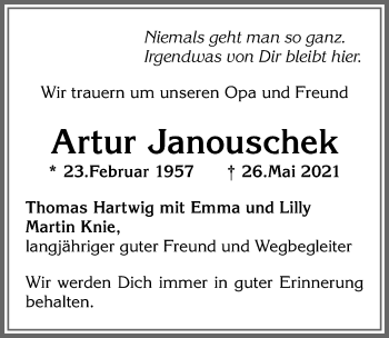 Traueranzeige von Artur Janouschek von Allgäuer Zeitung, Kaufbeuren/Buchloe