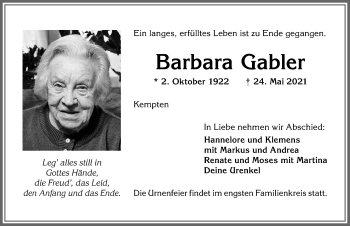 Traueranzeige von Barbara Gabler von Allgäuer Zeitung,Kempten