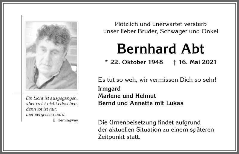  Traueranzeige für Bernhard Abt vom 22.05.2021 aus Allgäuer Zeitung
