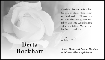 Traueranzeige von Berta Bockhart von Der Westallgäuer