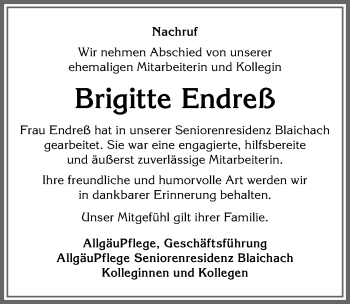 Traueranzeige von Brigitte Endreß von Allgäuer Anzeigeblatt